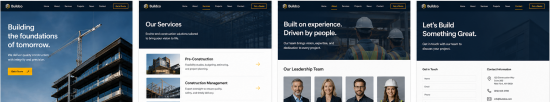Construction homepage, services, about and contact page previews
